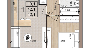 1-к. квартира, 42&nbsp;м²