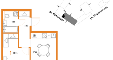 1-к. квартира, 43 м²