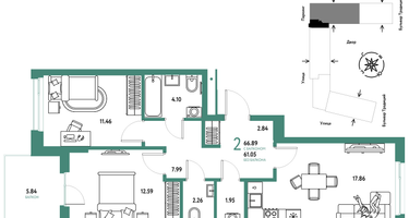 2-к. квартира, 66&nbsp;м²