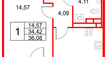1-к. квартира, 36&nbsp;м²