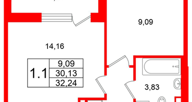 1-к. квартира, 30&nbsp;м²