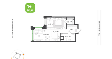 1-к. квартира, 51&nbsp;м²