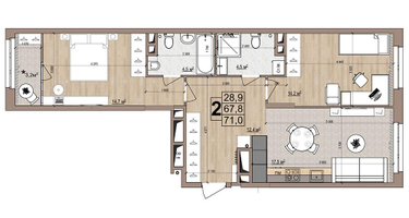 2-к. квартира, 71&nbsp;м²