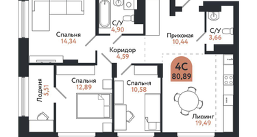 4-к. квартира, 80&nbsp;м²