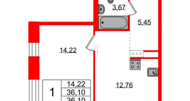 1-к. квартира, 36&nbsp;м²