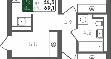 2-к. квартира, 69&nbsp;м²