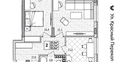 2-к. квартира, 56&nbsp;м²