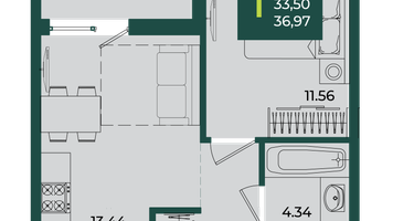 1-к. квартира, 36&nbsp;м²