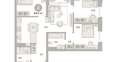 3-к. квартира, 84&nbsp;м²