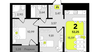 2-к. квартира, 53&nbsp;м²