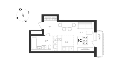 1-к. квартира, 30 м²