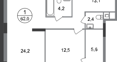 1-к. квартира, 62&nbsp;м²