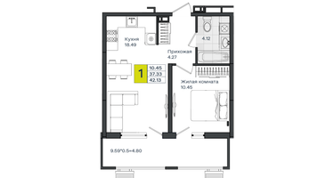1-к. квартира, 42&nbsp;м²