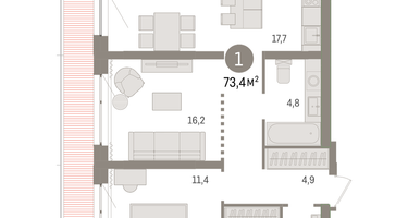 2-к. квартира, 73&nbsp;м²