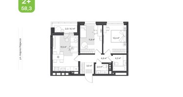 2-к. квартира, 58&nbsp;м²