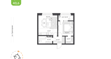 1-к. квартира, 43&nbsp;м²