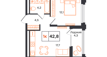 1-к. квартира, 42&nbsp;м²