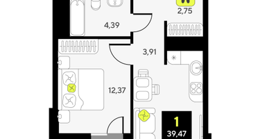 1-к. квартира, 39&nbsp;м²