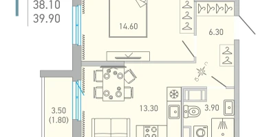 1-к. квартира, 39&nbsp;м²