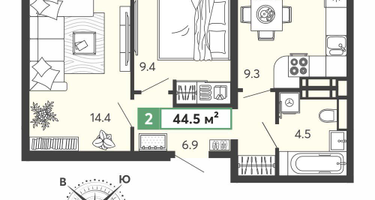 2-к. квартира, 44&nbsp;м²