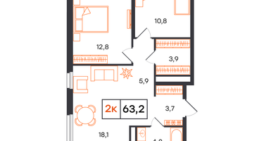 2-к. квартира, 63&nbsp;м²