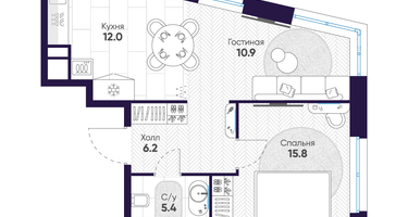2-к. квартира, 50&nbsp;м²