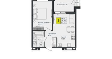 1-к. квартира, 42&nbsp;м²