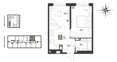 1-к. квартира, 34&nbsp;м²
