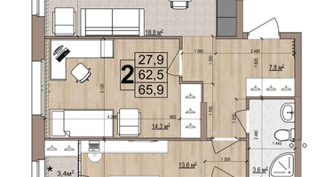 2-к. квартира, 65 м²