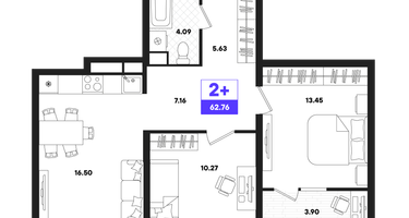 2-к. квартира, 62&nbsp;м²