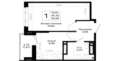 1-к. квартира, 35 м²
