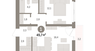 1-к. квартира, 45 м²