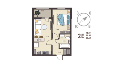 1-к. квартира, 36&nbsp;м²