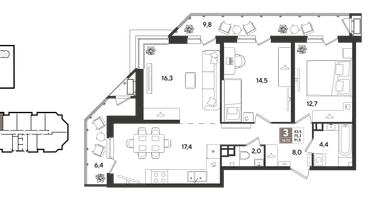 3-к. квартира, 91&nbsp;м²