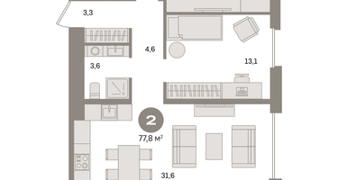 2-к. квартира, 77&nbsp;м²