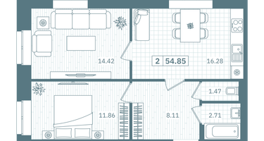 2-к. квартира, 54&nbsp;м²
