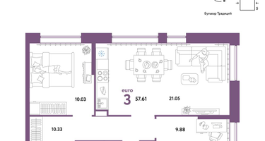 3-к. квартира, 57 м²