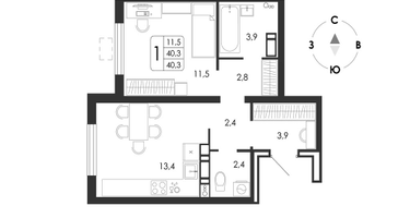1-к. квартира, 40 м²