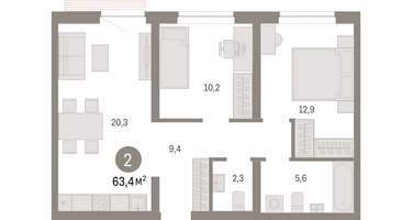 2-к. квартира, 63&nbsp;м²