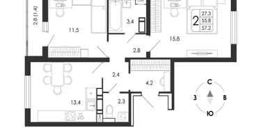 2-к. квартира, 57 м²
