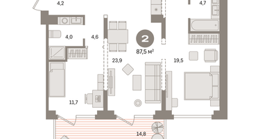 2-к. квартира, 87&nbsp;м²