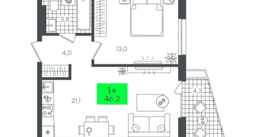 1-к. квартира, 46 м²