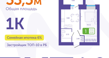 1-к. квартира, 33&nbsp;м²