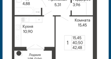 1-к. квартира, 42&nbsp;м²