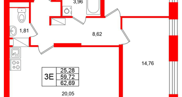 2-к. квартира, 62&nbsp;м²