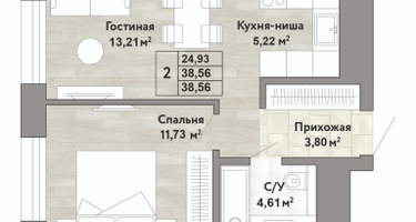 2-к. квартира, 38&nbsp;м²