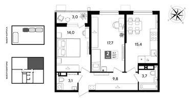 2-к. квартира, 65 м²