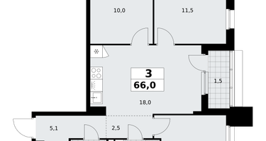 3-к. квартира, 66 м²