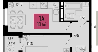 1-к. квартира, 33&nbsp;м²