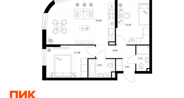 2-к. квартира, 60 м²